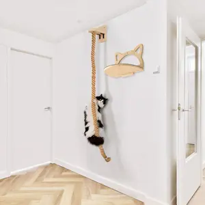 Wall Mounted Cat Climbing Frame, Wooden Cat Climbing Frame with Rope, Cat Scratching Post, Pet Furniture for Playing, Climbing and Scratching, Vertical Scratcher