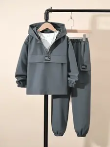 Two-piece Set Boy's Solid Zip Up Hoodie & Pocket Sweatpants Set, Youth Kits, Casual Comfort and Functionality Long Sleeve Hooded Sweatshirt & Jogger Pants, Kids Spring & Fall Clothes