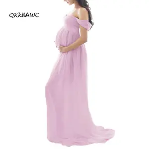 Maternity Dress for Photography Solid Color Off-Shoulder Chiffon Gown Front Split Long Pregnancy Dresses for Photoshoot