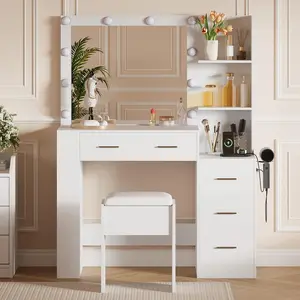 41" Large Vanity Desk with 10-Bulb Mirror and Built-in Outlets - Makeup Vanity Desk with 3 Color Lighting Modes and 5 Drawers - Dressing Table with Soft Cushioned Stool for Bedroom