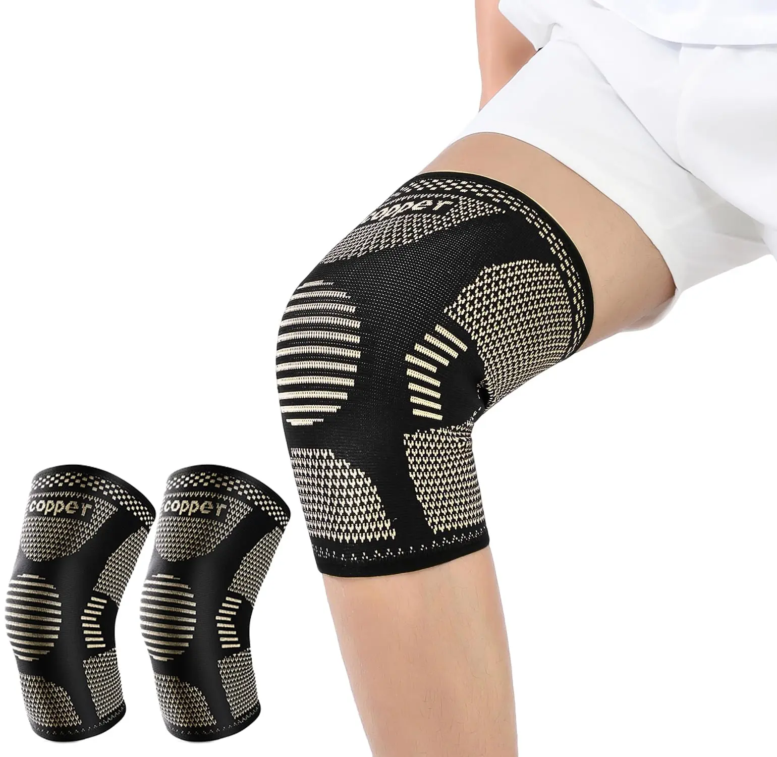 Supportive  Copper Knee Brace, for Joint Discomfort & Sports Protection, 2 Pack 3D Knitting Knee Sleeves, Stable Patella Compression Wrap, Suitable for Workout, Running, Weightlifting, Arthritis and Meniscus Tear Recovery