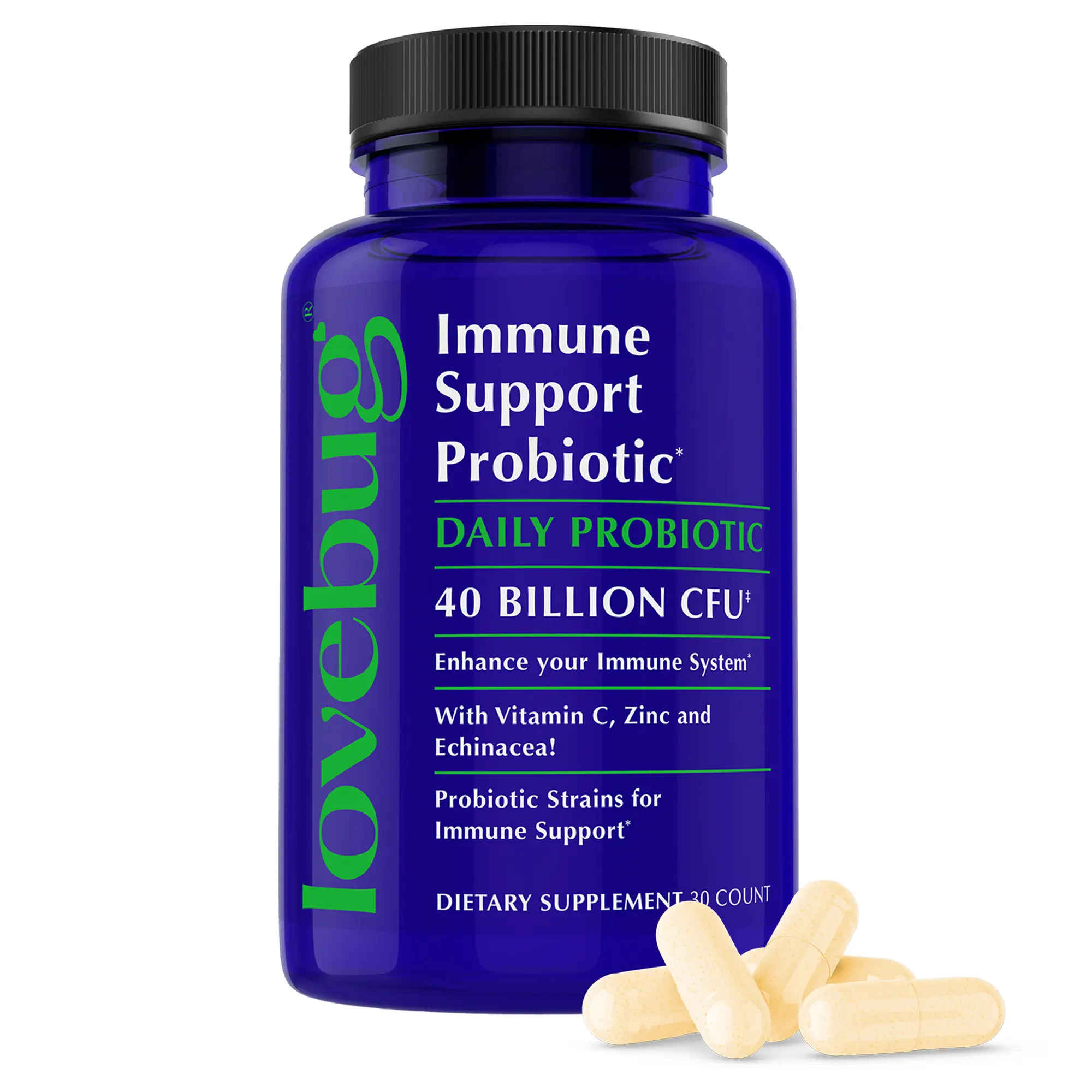Lovebug Immune Support Probiotic | 40 Billion CFU Daily Vegan Probiotic | Gut & Immune Support with Vitamins C & D, Zinc & Echinacea | 30 or 60 Capsules