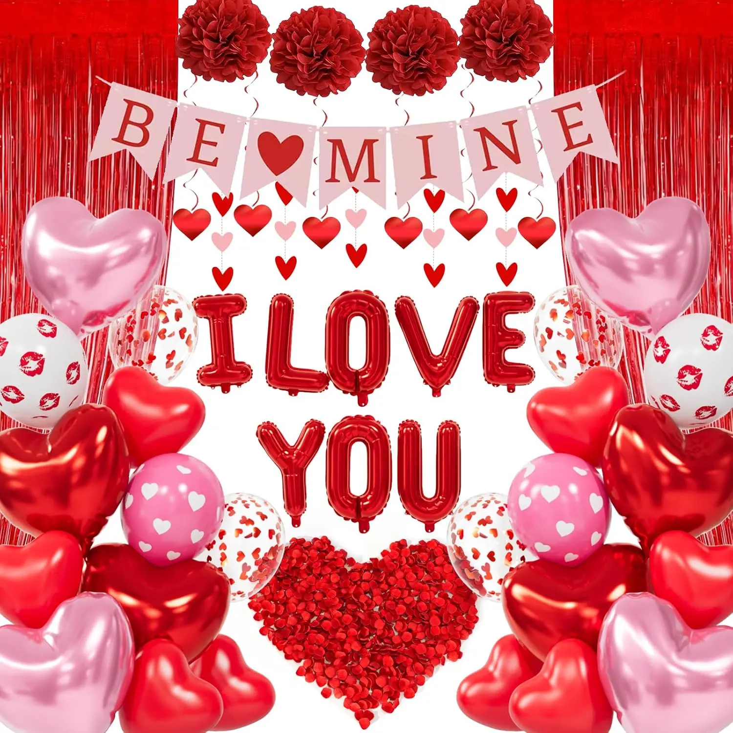 Romantic Heart Shape Balloon Decorations Set, Festive Party Supplies Kit - 8*12 Inch Heart Balloons, 1000+ Pieces Dark-Red Rose Petals, 2x Fringe Curtains for Valentine’s Day Marriage Proposal