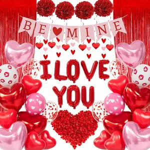 Valentines Day Decorations Kit, Surprise for Girlfriend, I Love You Red Heart Balloons With 1000 Pcs Dark-Red Rose Petals for Marriage Proposal Wedding Anniversary Valentine's Day