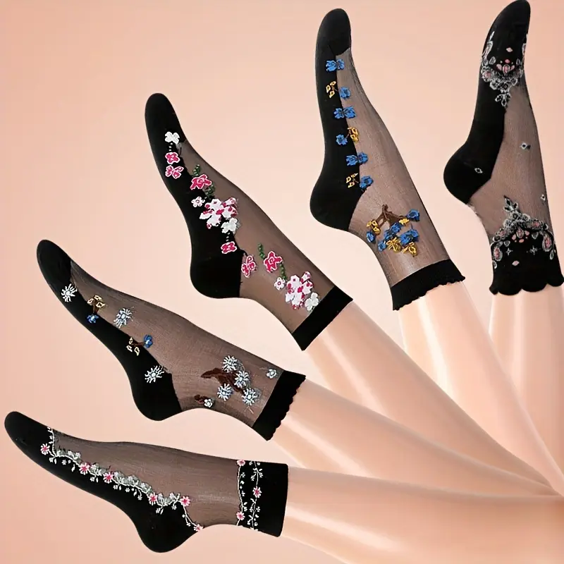 5-Pair Women's Casual Socks Set in Sheer Lace and Jacquard Nylon, Mixed Breathable Knee-High & Mid-Calf Styles with Bows, 5 Pairs Mixed, Mixed Styles