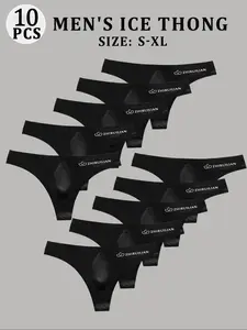 Men's Ice Silk Seamless Transparent Breathable Sexy Letter Print Underwear, Slim-Fitting Comfort Fabric, 10 Pcs Set, All Seasons, Breathable Undergarments