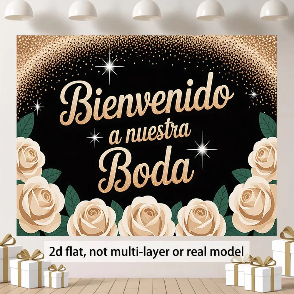 1PC 2D Flat Polyester Spanish Wedding Backdrop - Black Gold Rose Bienvenido a Nuestra Boda Theme, Reusable Party Decoration for Weddings, Birthdays, Venue Photo Background Cloth Banner, One-Piece