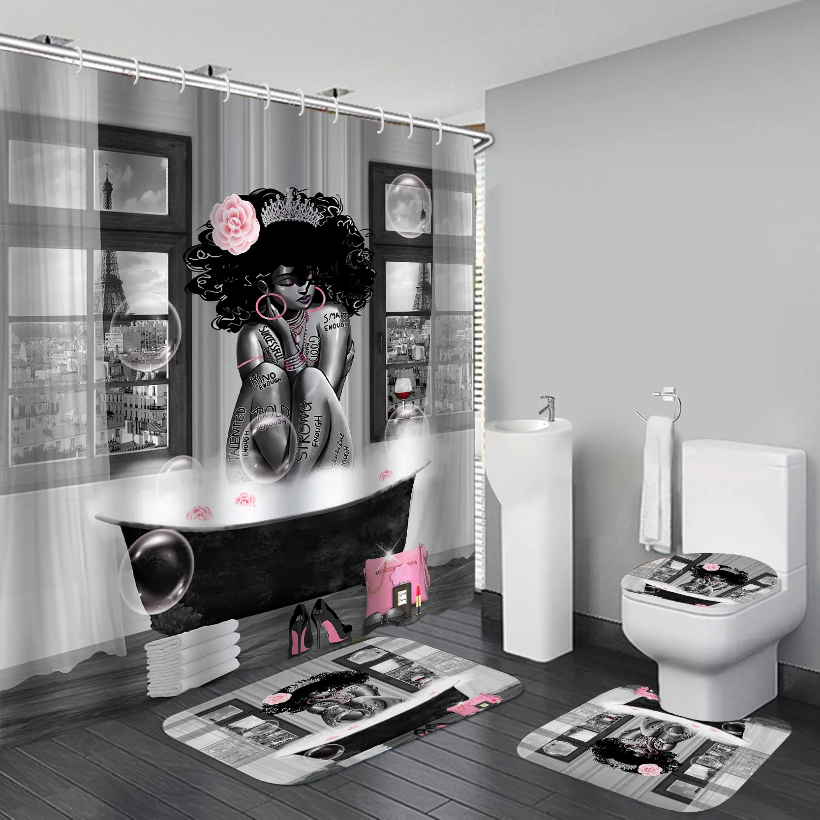 4PCS African-American Girl Shower Curtain Set Bathtub Bubble Print Stylish Home Decor for Modern Bathroom