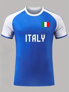 Men's Italian Style Quick-Dry Football Jersey, Lightweight Breathable Elastic, Italian Flag Design, Round Neck Short Sleeve, Casual Wear, Football Shirts
