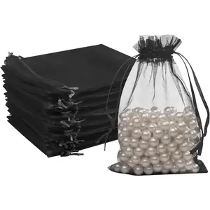 FUNFERY 100 Pcs Black Organza Bags 4X6 In, Small Mesh Drawstring Gift Bags for Sachet, Jewelry, Candy, Wedding Favor, Easter Day