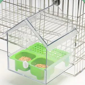 1-Pack Hanging Parrot Feeder & Bird Food Dish - Anti-Spill, Splashproof, Spill-Proof design with Cage Clamp - Clear Roof ow for Easy Cleaning -