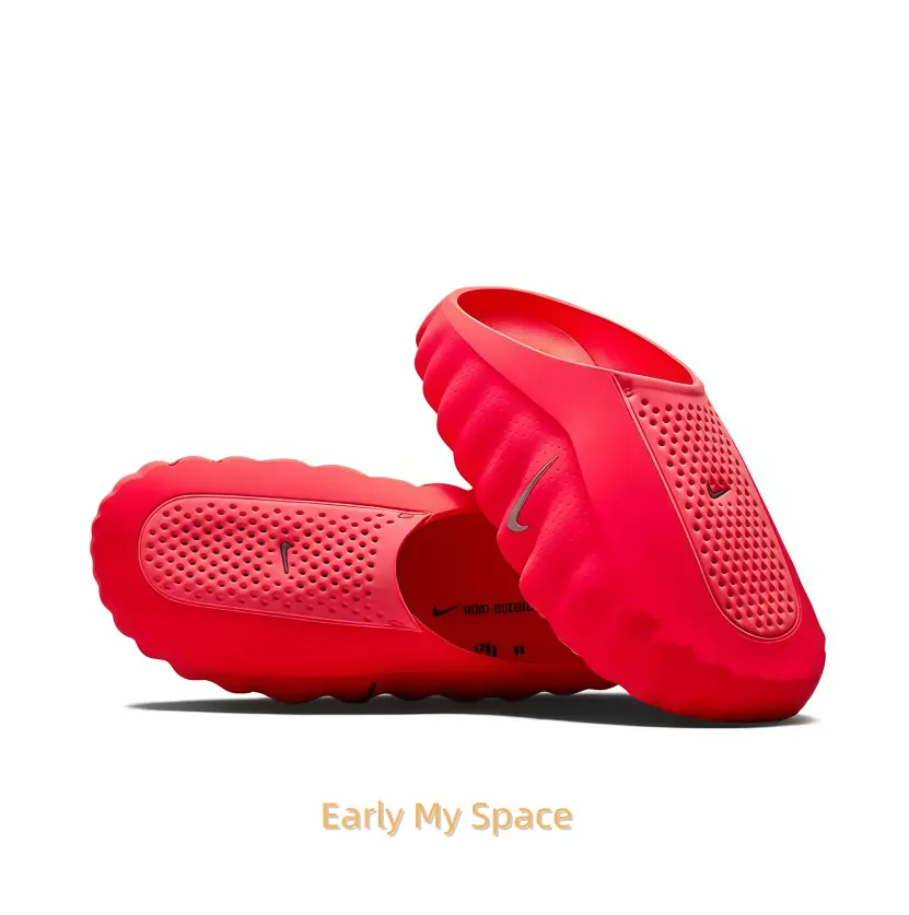 Vibrant Red Thick-Soled Mule Slides, Orange Cushioning Massage Outsole, Perforated Upper, Pre-Game Recovery Tech Slides