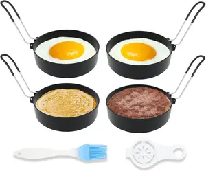 Stainless Steel Egg Rings for Frying Eggs（4 Pack） - 3.5" Round Non Stick Griddle Rings with Oil Brush, Egg Sandwich/Pancake/Cooking Molds, Breakfast.