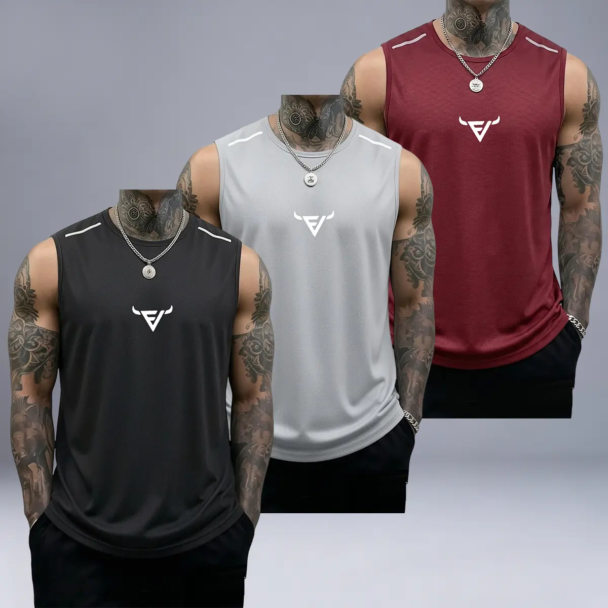JOGWAVE 3PCS Men’s breathable, lightweight sleeveless athletic tank top for running, loose fit, quick-dry crew neck design—men’s sleeveless workout wear suitable for gym training in summer.