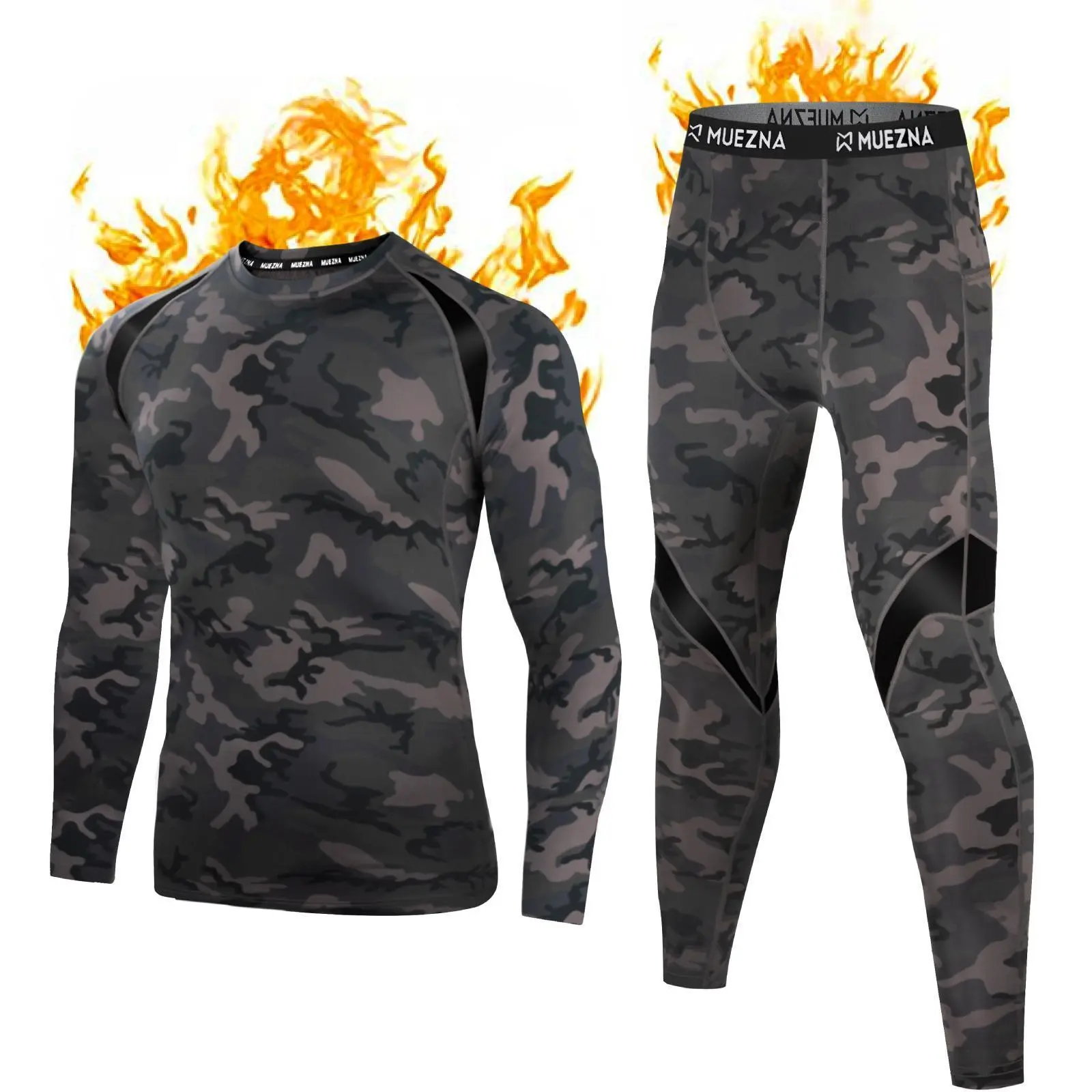 Muezna Men's 2-Piece Thermal Underwear Set - Menswear Clothes Outfits, Soft Fleece-Lined Base Layer Long Johns Top & Bottom, Black with White Accents, Warmth + Style, Layering Ready