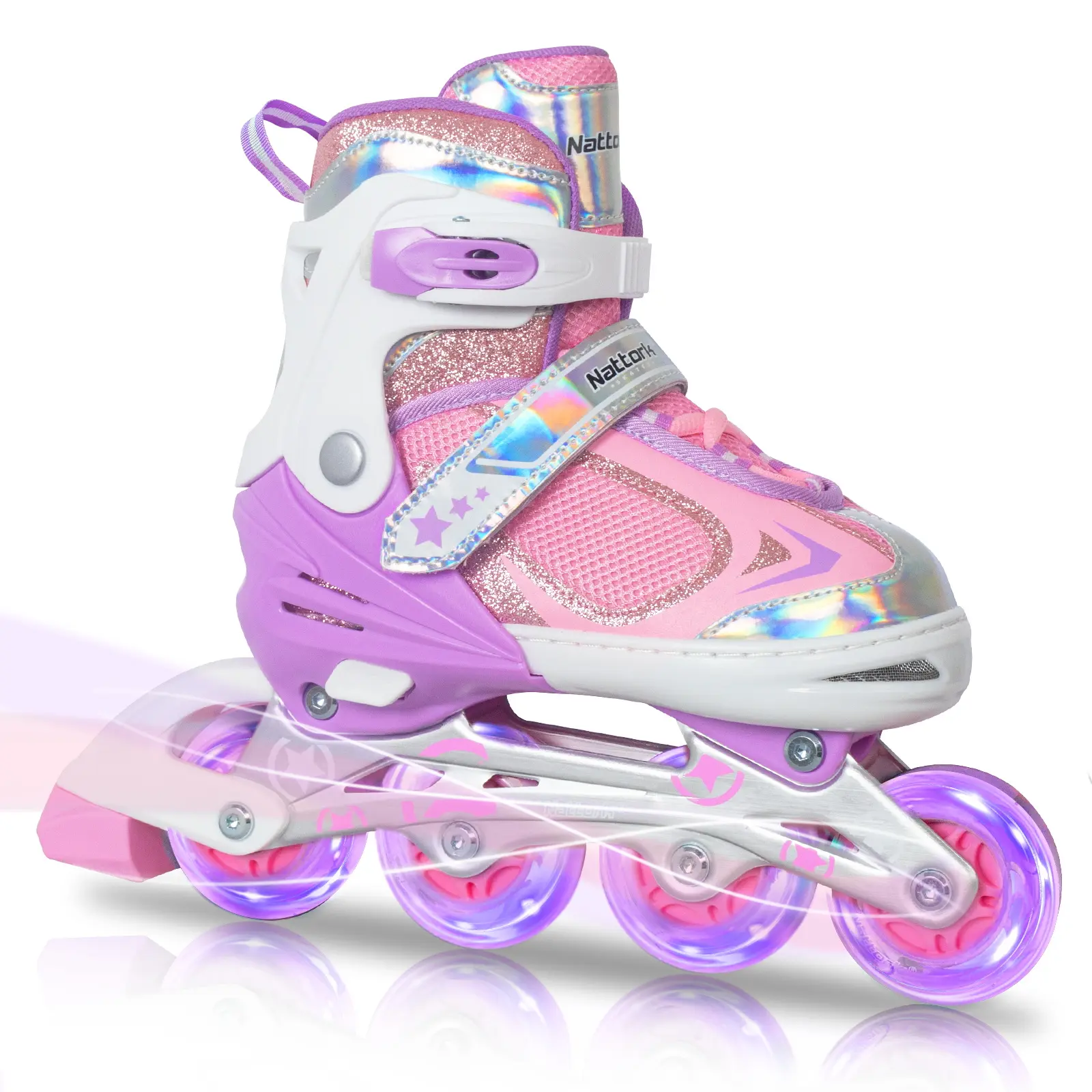 Nattork Kids Adjustable Inline Skates, Lavender High-Top Design with 8 Shiny PU Wheels, Breathable Mesh and ABEC-7 Bearings for Beginners, Eight Shiny Wheels