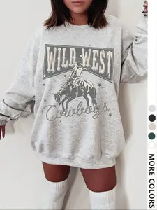 Women's Casual Western Cowboy Print Knit Crewneck Sweatshirt, Knitwear, Fall & Winter Fitted Long Sleeve Pullover, Fashionable Daily Wear Top