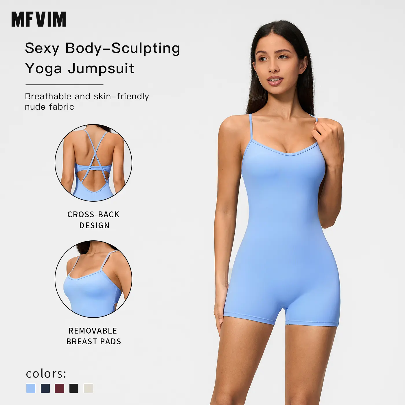 MFVIM women’s thin spaghetti strap cross-back open-back yoga shorts one-piece bodysuit — adjustable back design, removable bra pads, form-fitting seamless athletic jumpsuit