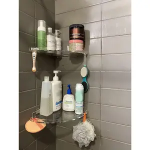 JiePai Acrylic Corner Shower Caddy Shelf with Hooks 2 Pack, Adhesive Wall Mounted Bathroom Shower Organizer for Inside Shower & Kitchen Storage, Space-Saving Design
