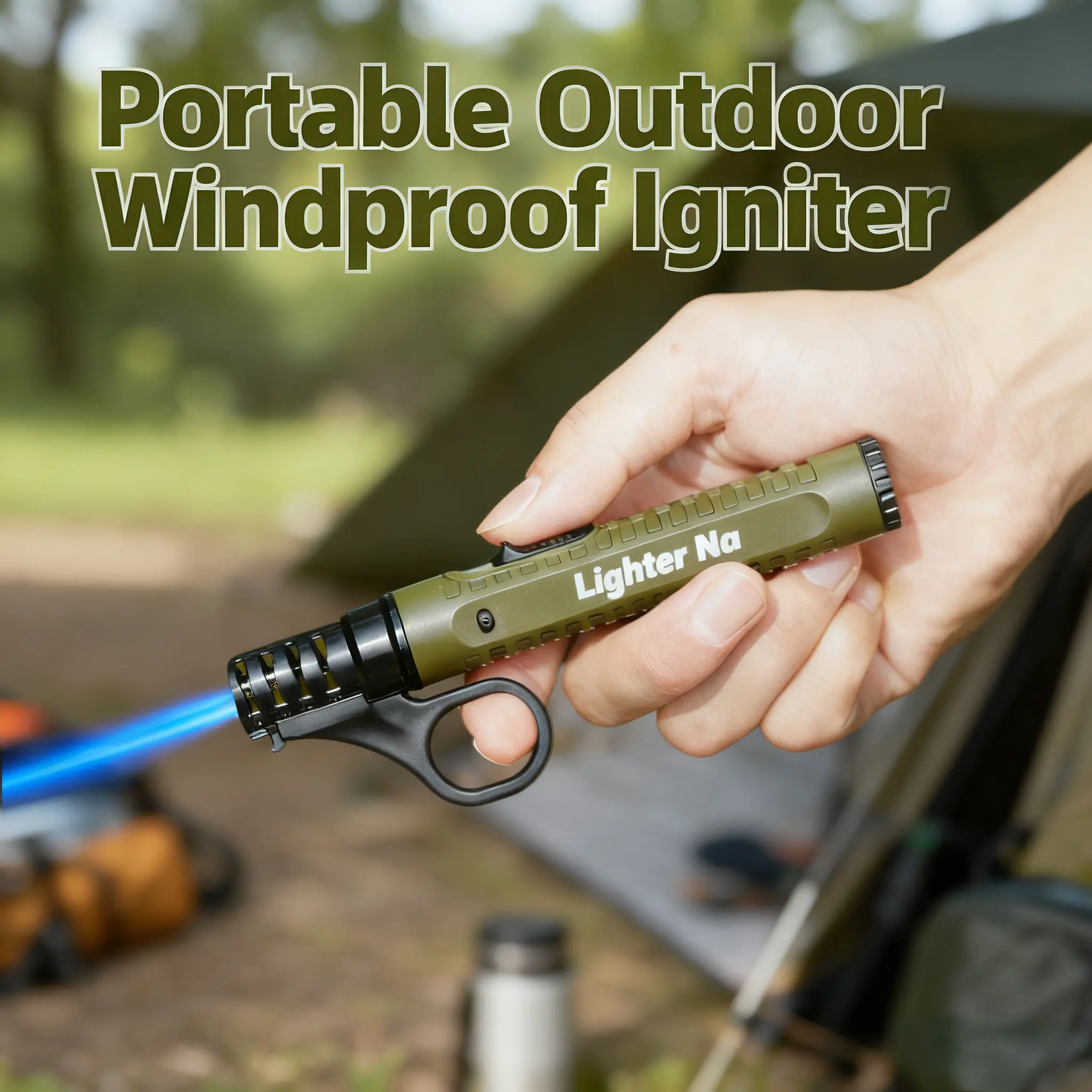 Portable Compact Windproof Butane Torch Lighter - Metal Aluminum, Adjustable Blue Flame, Lockable Safety Lock, Refillable, Ideal for Candles, BBQ Cooking (Butane Not Included)