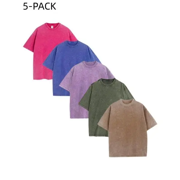 Men's 5-Pack 100% Cotton Oversized Vintage Acid Wash Round Neck Short Sleeve Plain T-Shirt - Soft Mineral Wash Menswear, Relaxed, Breathable, Retro, Elastic, Foldable All-Seasons Casual Tops for Streetwear, Loungewear