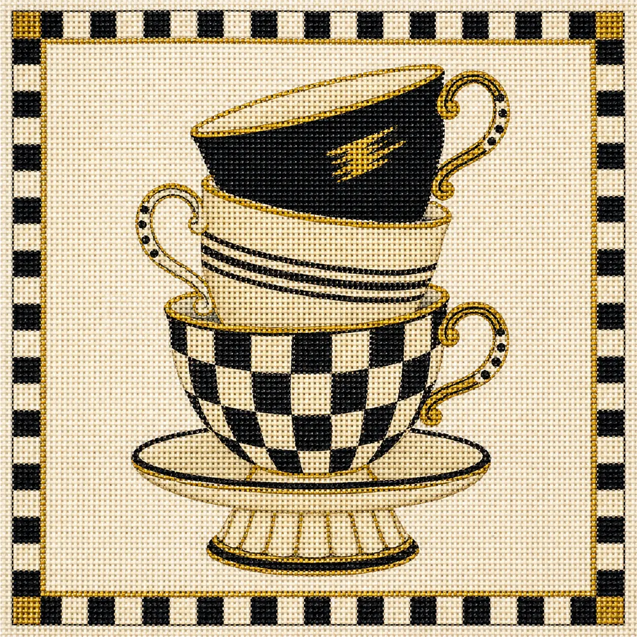 Inspired Checked Teacup Stack Printed Needlepoint Canvas