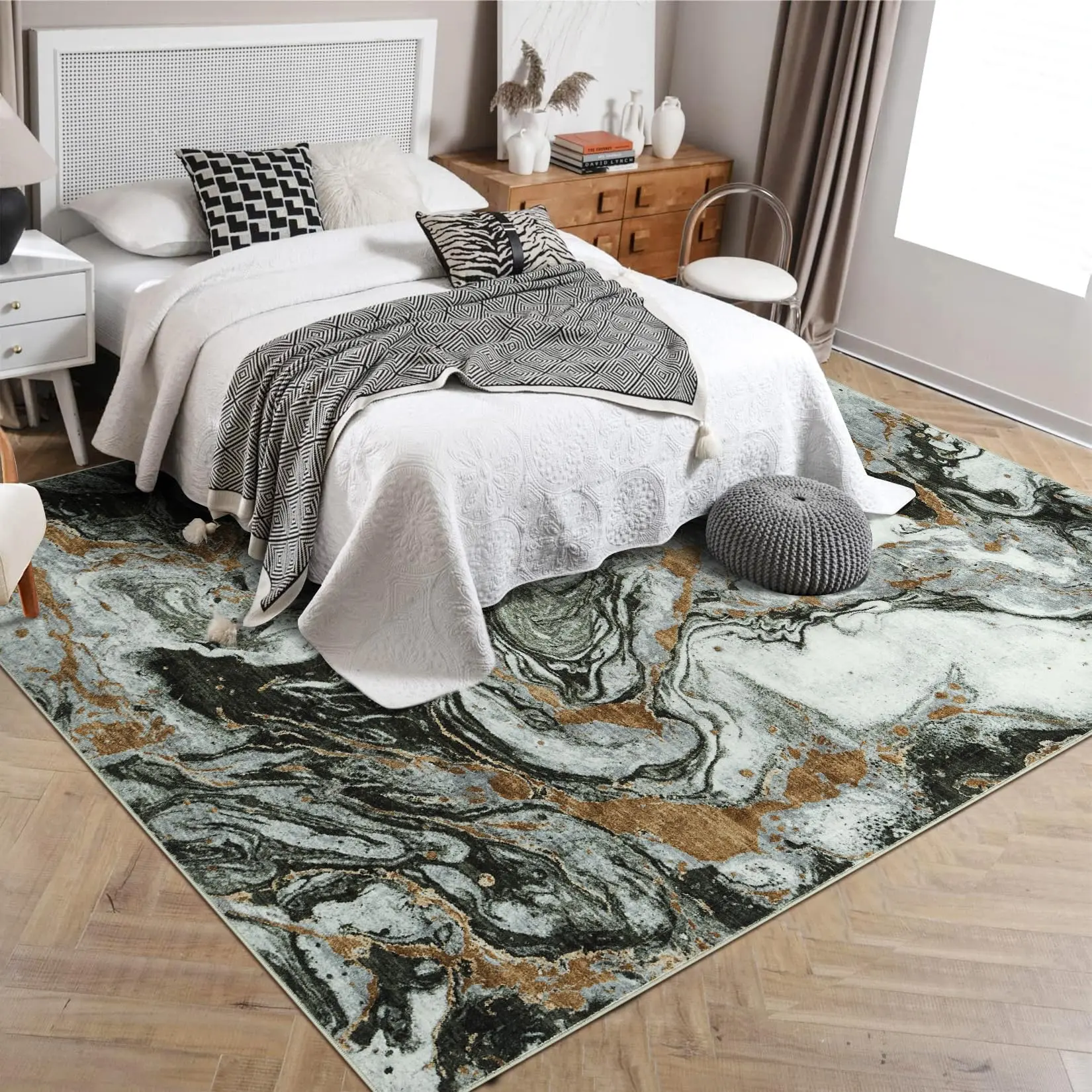 Garvee 5'x7' Area Rug for Living Room - Soft, Modern Abstract Design, Washable, Large Machine-Made Non-Slip Faux Wool Vintage Carpet for Bedroom, Farmhouse, Dining Room, Dark Green