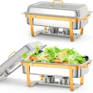 [FLASH SALE] Garvee 8QT Stainless Steel Chafing Dish Buffet Set (2-Pack) - Foldable Food Warmers with Lids & Fuel Cans for Weddings, Catering, and Parties (Gold)