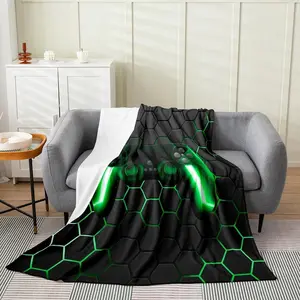 Game Blanket for Boys,Gaming Throw Blanket Throw 50x60,Kids Gamer Neon Lights Gamepad Fleece Blanket for Teen Men Bedroom,Honeycomb Hexagon Flannel Blanket Sofa Bed Couch Decor,Green Grey