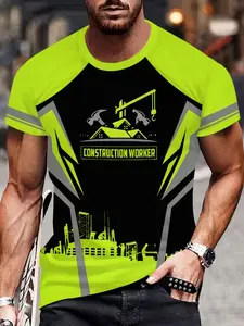 Fluorescent Construction Worker T-Shirt, Fashion Reflective Design, Breathable Comfort Workwear for Men, Casual Short Sleeve Fitted Tee