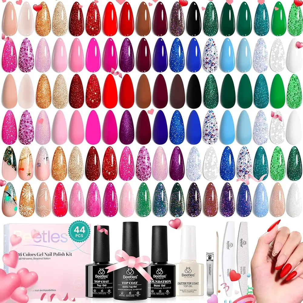 Beetles Glitter Gel Nail Polish Set 44Pcs, Holiday Red Gold Green Silver Burgundy Blue Pink Sparkle Gel Polish Kits with Base Top Coat Soak off Uv Gel Nail Polish Easter's Gift for Women