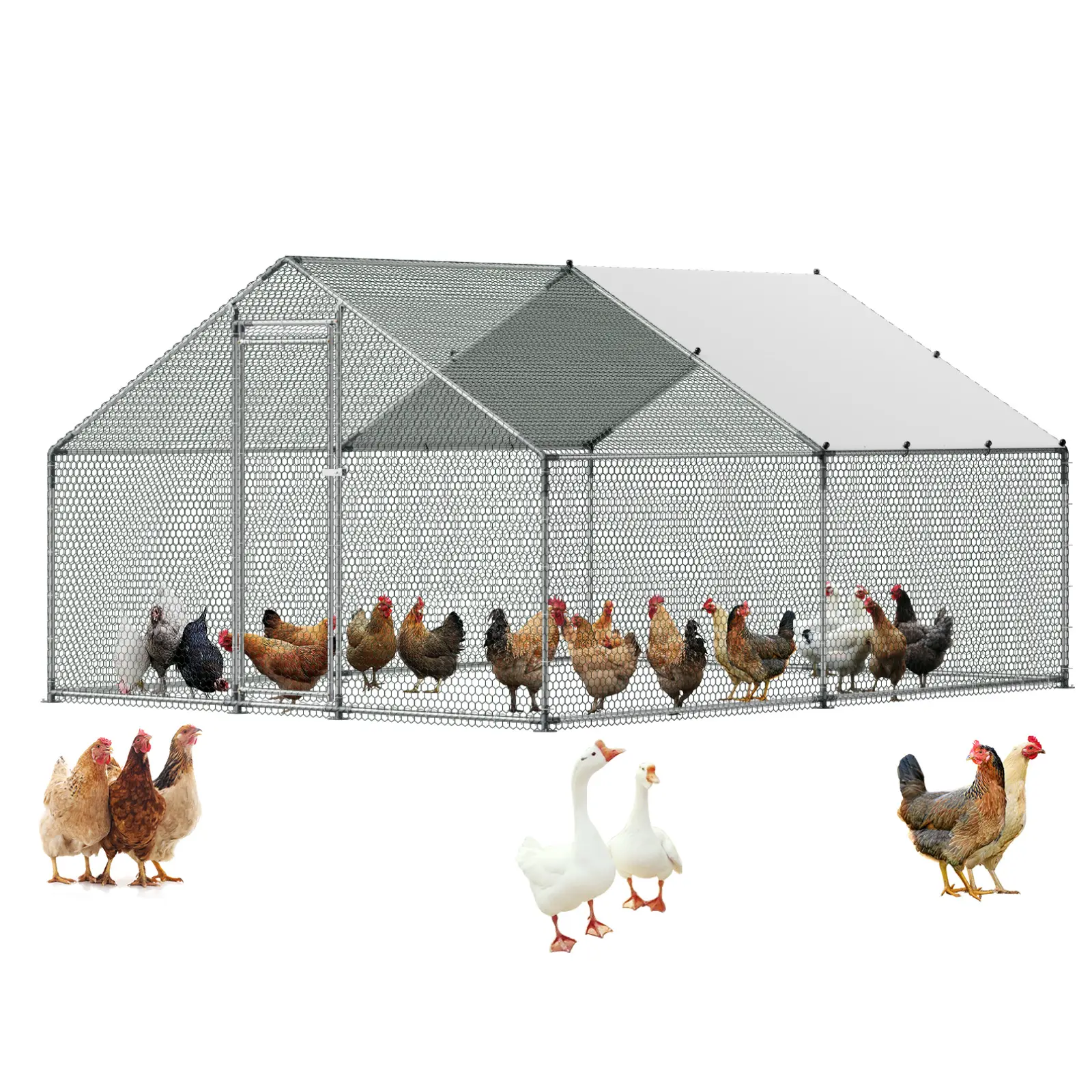 【SummerFinds】VEVOR Large Metal Chicken Coop, 9.8 x 13.1 x 6.6 ft, Walk-in Chicken Runs with Waterproof Cover, Spire Roof Hen House Enclosure with Lock, Outdoor Duck Rabbit Cage Poultry Pen for Backyard, Farm, Yard