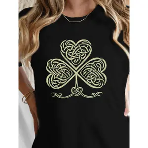 Women's Printed Celtic Knot & Shamrock Fabric T-Shirt - Athletic Short-Sleeve Crew Neck Irish Cultural Apparel for Casual Spring & Summer Days