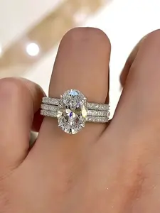 3-Piece Set Oval Zircon Multi-Layer Rings, Elegant Promise Ring Jewelry for Girlfriend, Women's Engagement Wedding Band Set