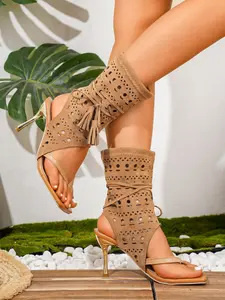 Hollow Out Fringe Sandals, Fine Heel Square Toe Bohemian Style, Above Ankle but Below Knee, PU Upper, Rubber Sole, Women's Shoes