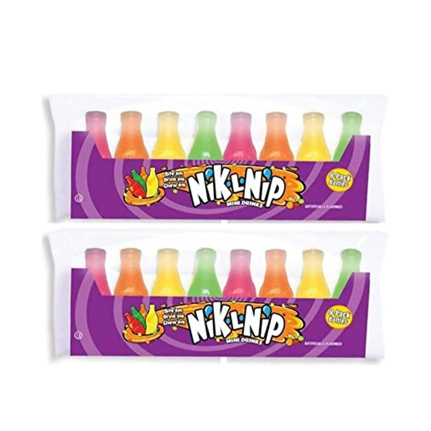 Nik-L-Nip Mini Drinks Candy Original Wax Bottles I 8's Pack of 2 I US Import I Includes Groceries R Us Keyring indian wax candy