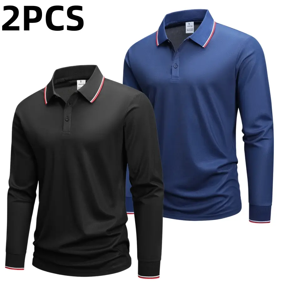 Two tone men’s long sleeve polo shirt with a notched collar, featuring a classic notch paired with red and white thin piping for refined details. Front button embellishments add a clean finish, while the long sleeves are designed for versatile wear across