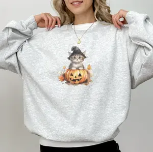 Vintage Spooky Kitten Crewneck, Cat Lovers Shirt, Cat Pumpkin Halloween, Halloween Cat Shirt, Full Color, For Men, For Women, Casual, Classic Fashion, Full Sizes, Tee Print