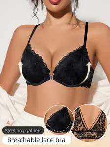 Ecomilky Women's Sexy Front-Clasp Lace Bra with Push-Up Underwire and Breathable Bra for Easy On and Off