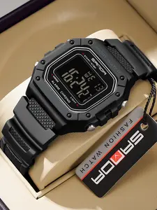 Men's Sporty Waterproof Watch with LED Digital Display, Rectangular Dial Quartz Movement Watch with Resin Case