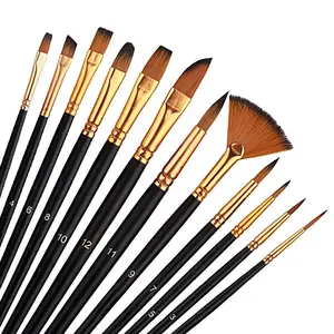 12Piece Nylon Bristle Brush Set, Nylon Flat Brushes Watercolor Brushes Oil Paint Brushes For Artists Amateur Acrylic Painting