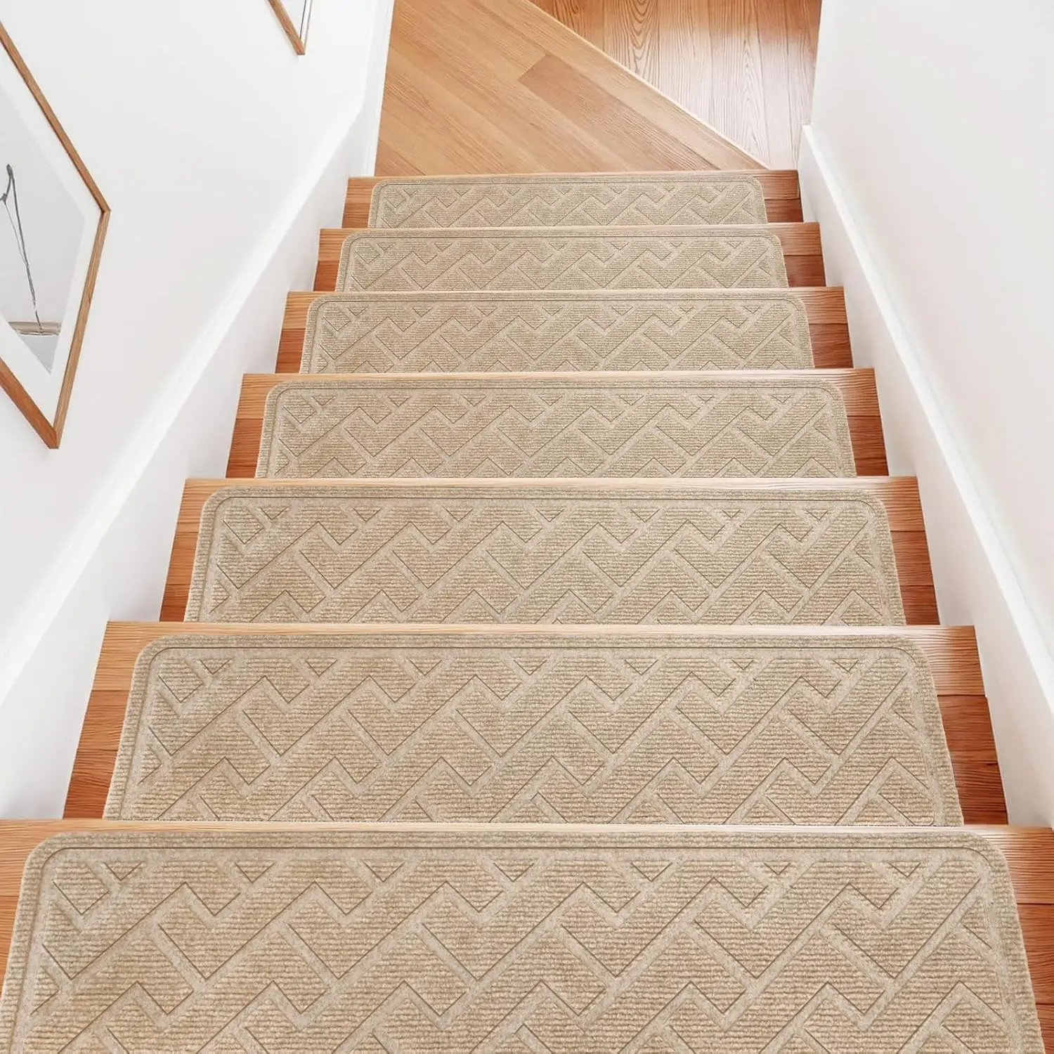 15-piece set 8inch X 30inch non-slip stair treads suitable for wooden steps, carpet stair treads made of polyester fiber and reusable adhesive, stair carpet suitable for children, elderly, and pets (beige)