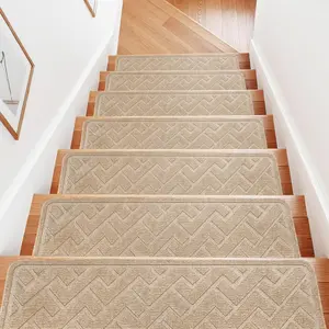 15-piece set 8inch X 30inch non-slip stair treads suitable for wooden steps, carpet stair treads made of polyester fiber and reusable adhesive, stair carpet suitable for children, elderly, and pets (beige)