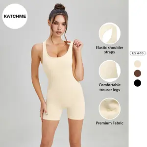 KatchMe Women's Sporty Solid Color U Neck Seamless Stretchy Playsuit, Comfort Hollow Back Sport & Outdoor Clothing, Basic Minimalist Sleeveless Bodycon Shapewear