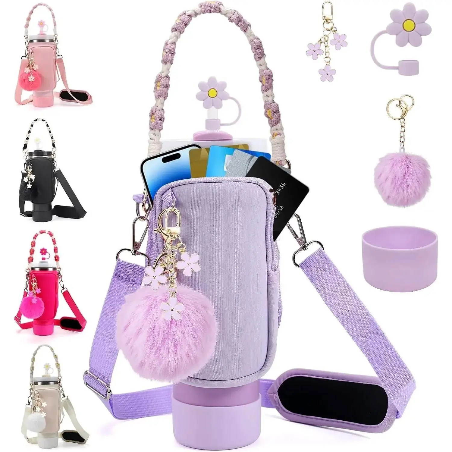 Stanley Cup Accessories Set Including Water Bottle Carrier Bag,Water Bottle Holder with Strap,Straw Cover,Stanley Charms,Silicone Boot for Stanley 40oz 30oz Tumbler Bohemian Detachable