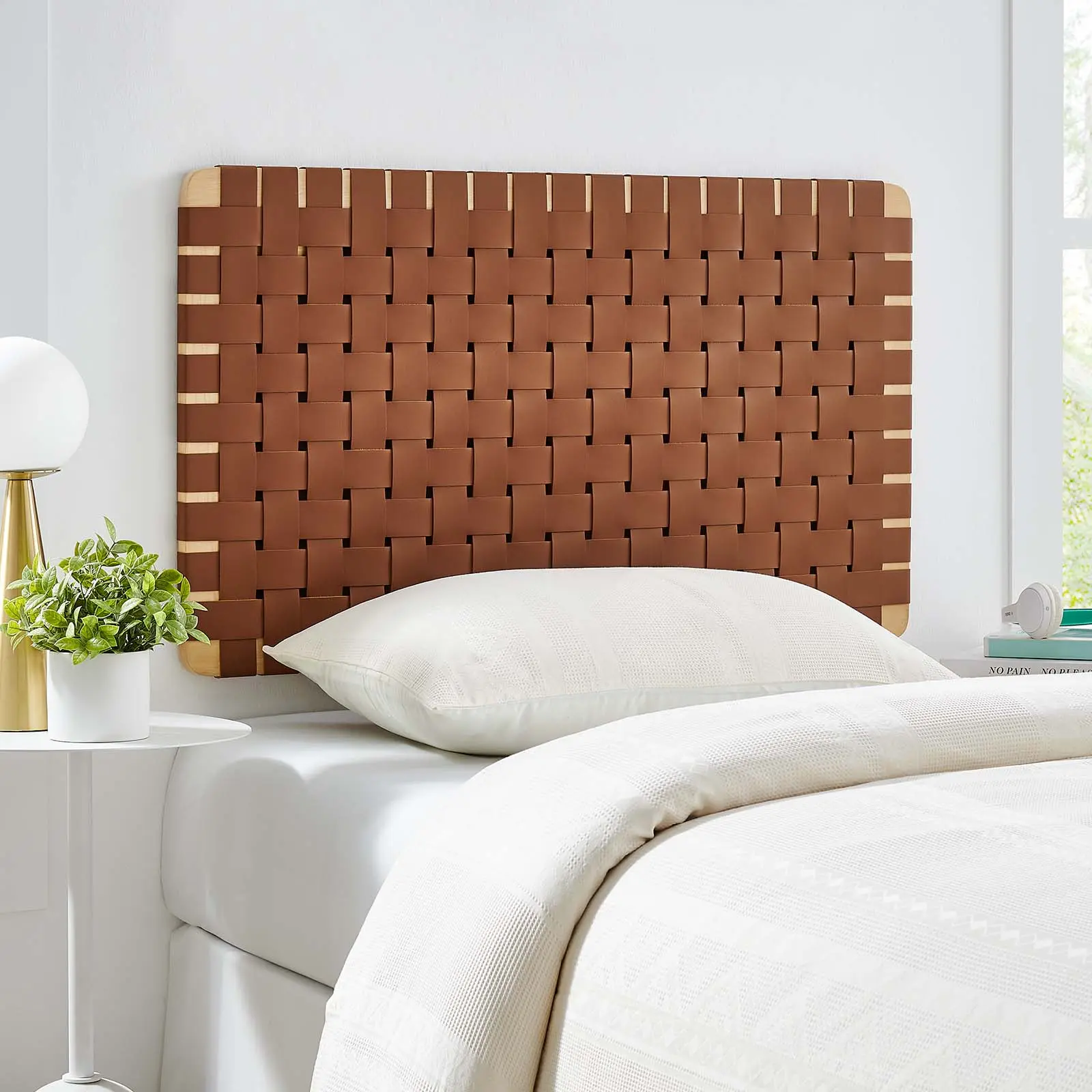 Modway Sparta Basket Weave Wall-Mount Twin PU Leather Headboard, Natural Brown - Solid Wood Construction, Easy Install for College Dorm Room, Woven Look