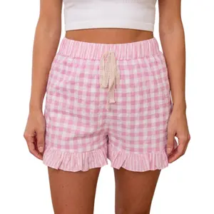 Asvivid Women's Checkered Gingham Shorts Ruffle Striped Print Detail Lace Tie Short Cute Bottom Summer Fashion Vacation Outfit Casual Womenswear