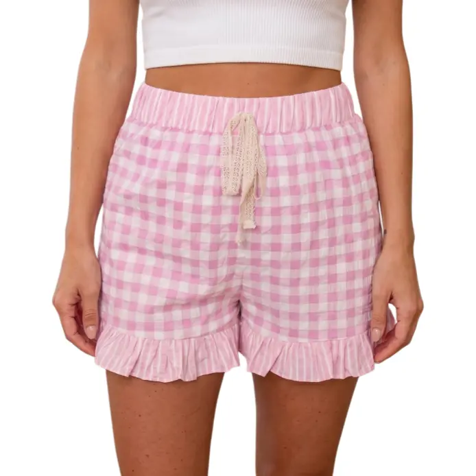 Asvivid Women's Checkered Gingham Shorts Ruffle Striped Print Detail Lace Tie Short Cute Bottom Summer Fashion Vacation Outfit Casual Womenswear