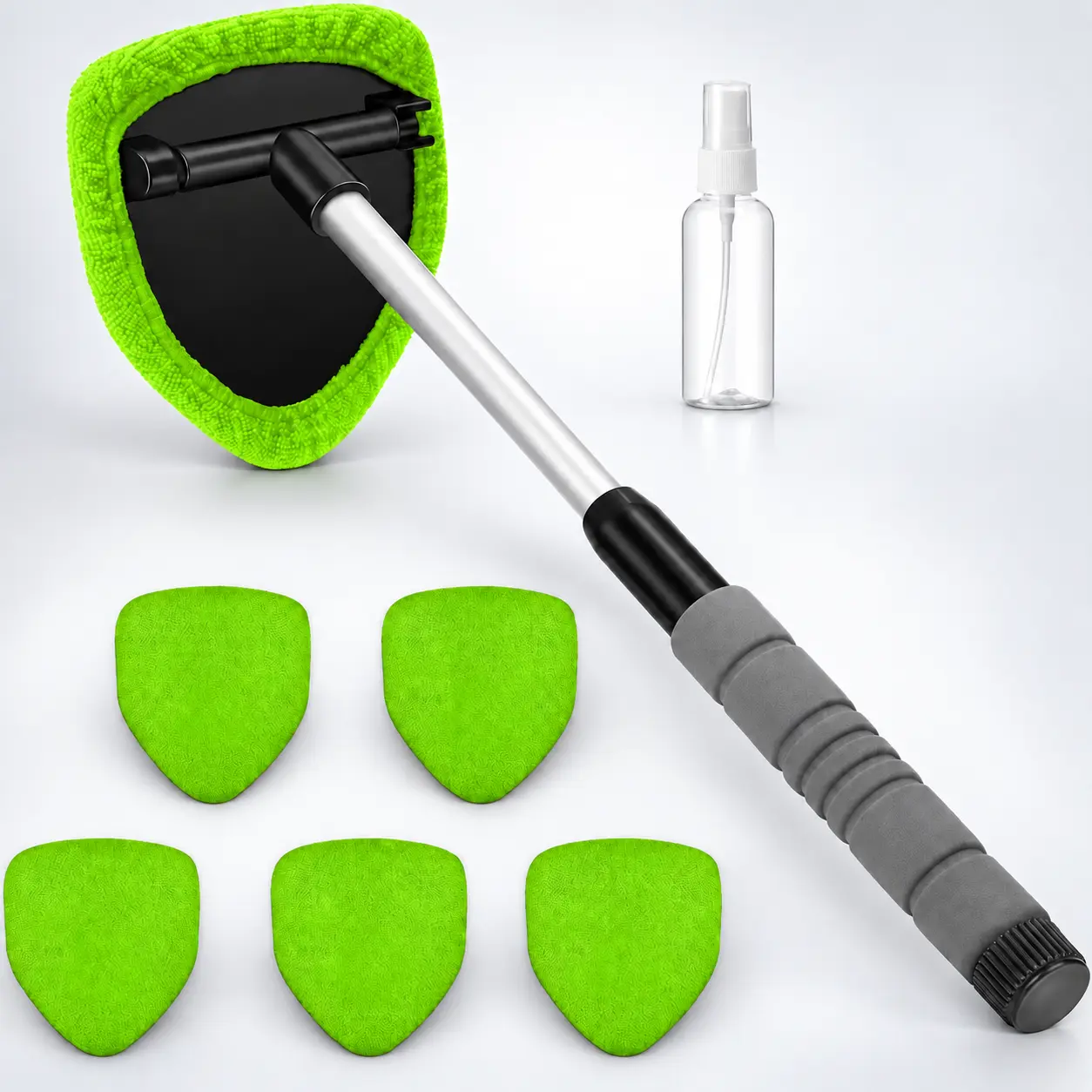 9PCS Car Window Cleaner Kit with Extendable Handle, Windshield Cleaning Tool, 6 Reusable Microfiber Pads, Air Vent Brush & Empty Spray Bottle