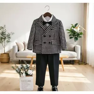 Boys' Formal Suit Set - Plaid Suit Jacket + Black Trousers + Bow Tie 3pcs Set (No Shirt Included), Suitable for School Events, Opening Ceremonies, Weddings, and Flower Boy Formal Attire